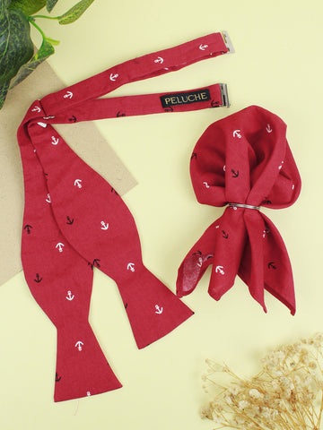 Peluche Anchor Print Red Open Bow Tie & Pocket Square Set for Men