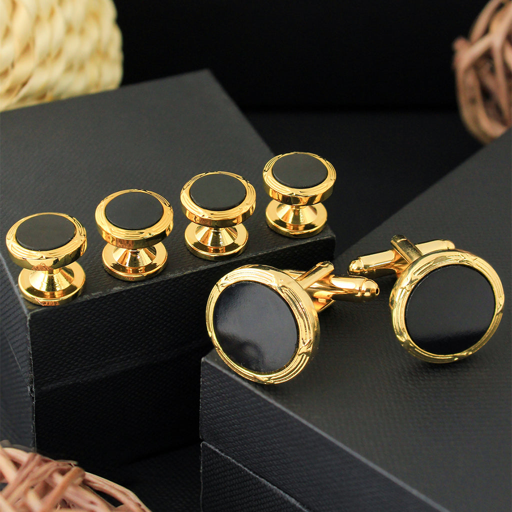 Peluche Golden and Black Crystal Studded Shirt Studs Set