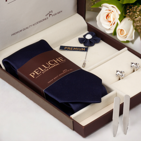Chic Gift Box Includes 1 Neck Tie, 1 Brooch, 1 Pair of Cufflinks and 1 Pair of Collar Stays for Men | Genuine Branded Product from Peluche.in