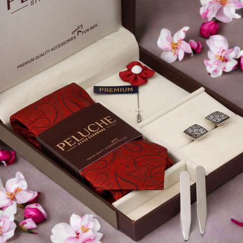 Uptown Gift Box Includes 1 Neck Tie, 1 Brooch, 1 Pair of Cufflinks and 1 Pair of Collar Stays for Men | Genuine Branded Product from Peluche.in