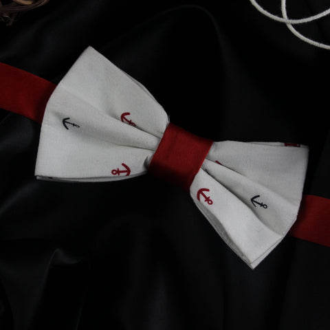 Peluche Anchor Print White Bow Tie For Men