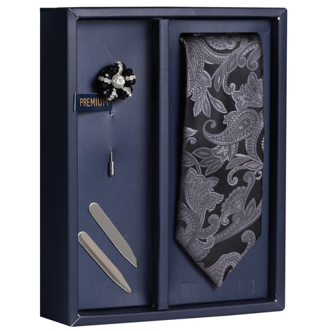 The Black Bing Gift Box Includes 1 Neck Tie, 1 Brooch & 1 Pair of Collar Stays for Men | Genuine Branded Product from Peluche.in