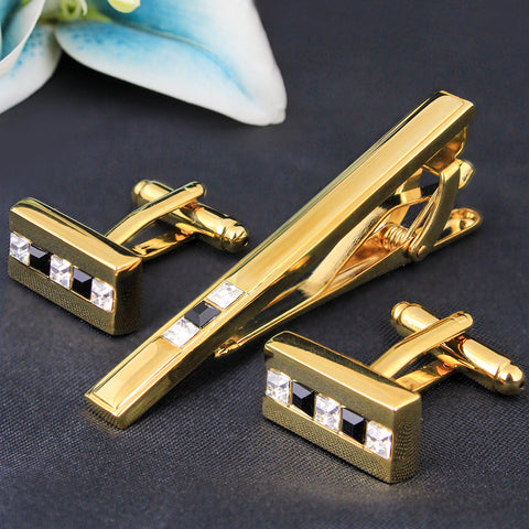 Peluche The Bling Bar - Golden Cufflinks and Tie Pin Set Brass, Crystal, White American Crystal, Black American Crystal