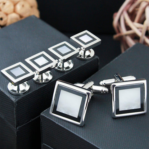 Peluche Mother of Pearl and Onyx Studded Cufflinks and Shirt Studs