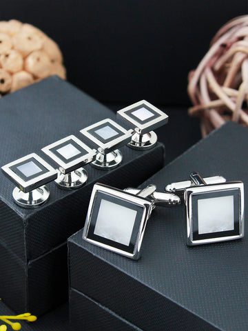 Peluche Mother of Pearl and Onyx Studded Cufflinks and Shirt Studs