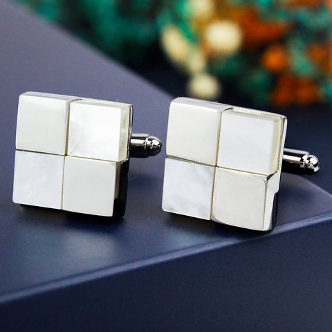 Peluche Checks - Mother of Pearl Cufflinks Brass, Semi Precious, Stone Studded, Natural Certified Stone, White Mother of Pearl (MOP)