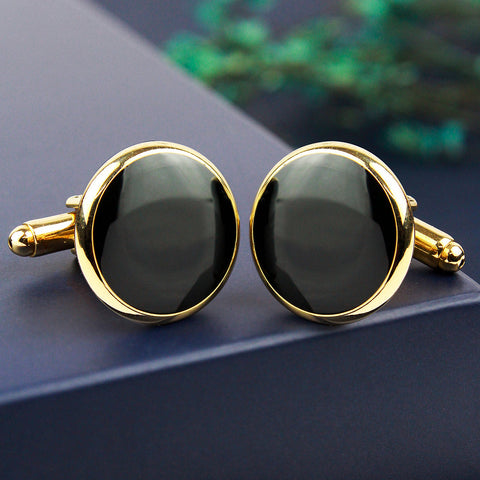 Peluche Circle of Oynx - Cufflinks Brass, Stone Studded, Culture Stone, Black Onyx Stone