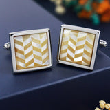 Peluche Herringbone - MOP - Brown Cufflinks Brass, Semi Precious, Stone Studded, Natural Certified Stone, White Mother of Pearl (MOP), Brown Tiger's Eye