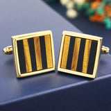 Peluche Kingly Striped - Tiger's Eye - Golden Cufflinks Brass, Semi Precious, Stone Studded, Natural Certified Stone, Natural Tiger's Eye, Black Onyx Stone