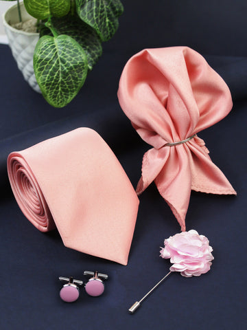 Kavove Classy Peach 4 Pcs Gift Box (1 Necktie, 1 Pocket Square, 1 Pair of Cufflinks, 1 Brooch)