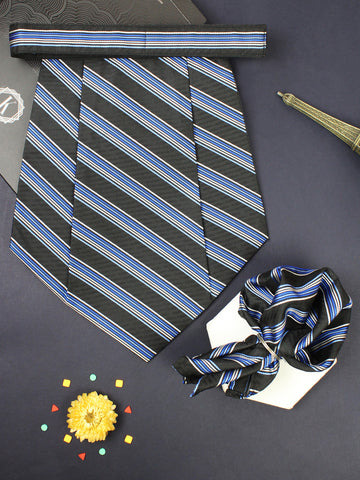 Kavove The Pleasing Striped Black Cravat & Pocket Square set