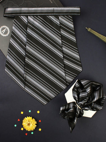 Kavove The Trend Setter Striped  Black Cravat & Pocket Square set