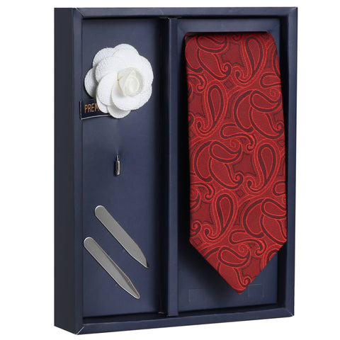 The Red Race Gift Box Includes 1 Neck Tie, 1 Brooch & 1 Pair of Collar Stays for Men | Genuine Branded Product from Peluche.in