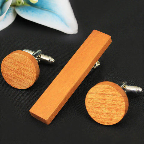 Peluche Smooth Beige Cherry Wood Cufflink and TiePin Set