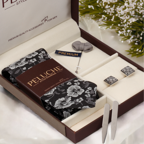 Snazzy Gift Box Includes 1 Neck Tie, 1 Brooch, 1 Pair of Cufflinks and 1 Pair of Collar Stays for Men | Genuine Branded Product from Peluche.in