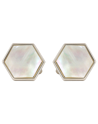 Peluche Hexagonal - Mother of Pearl Cufflinks Brass, Semi Precious, Stone Studded, Natural Certified Stone, White Mother of Pearl (MOP)
