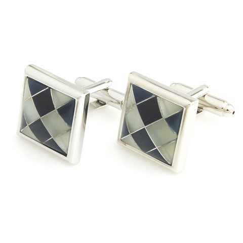 Peluche Asymmetric ChequeRed MOP Cufflinks Brass, Semi Precious, Stone Studded, Natural Certified Stone, White Mother of Pearl (MOP), Black Onyx Stone