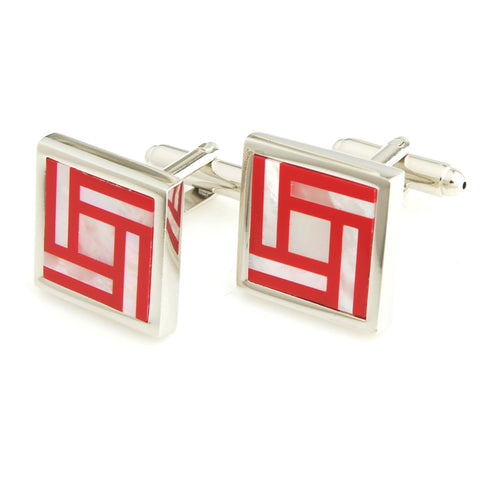 Peluche Stone Fusion Art - Red Cufflinks Brass, Semi Precious, Stone Studded, Natural Certified Stone, White Mother of Pearl (MOP), Synthetic Red Stone
