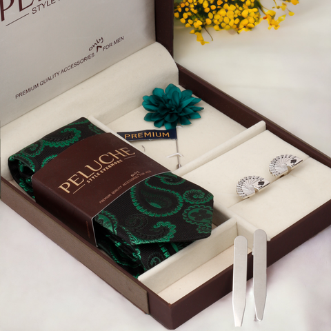 Playful Cards Gift Box Includes 1 Neck Tie, 1 Brooch, 1 Pair of Cufflinks and 1 Pair of Collar Stays for Men | Genuine Branded Product from Peluche.in