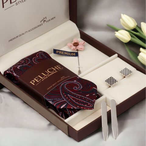 Elegant Gift Box Includes 1 Neck Tie, 1 Brooch, 1 Pair of Cufflinks and 1 Pair of Collar Stays for Men | Genuine Branded Product from Peluche.in