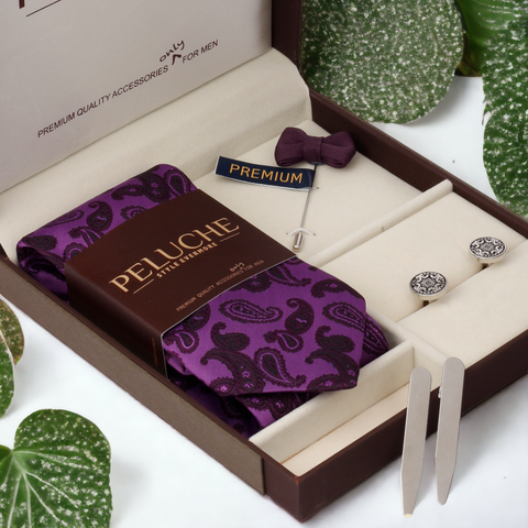 Luxe Gift Box Includes 1 Neck Tie, 1 Brooch, 1 Pair of Cufflinks and 1 Pair of Collar Stays for Men | Genuine Branded Product from Peluche.in