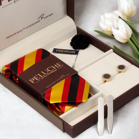 Fetching Gift Box Includes 1 Neck Tie, 1 Brooch, 1 Pair of Cufflinks and 1 Pair of Collar Stays for Men | Genuine Branded Product from Peluche.in