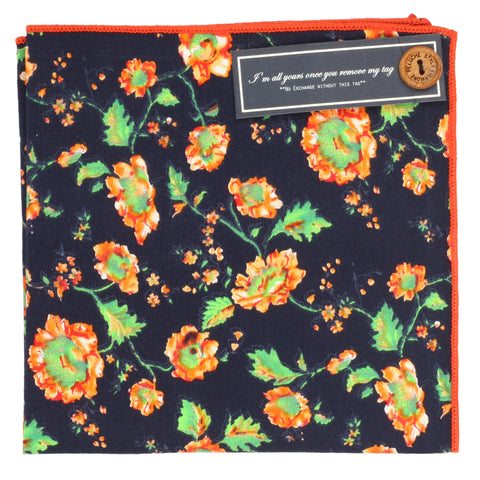 Peluche Beautiful Flowers Navy Blue and Orange Colored Pocket Square for Men