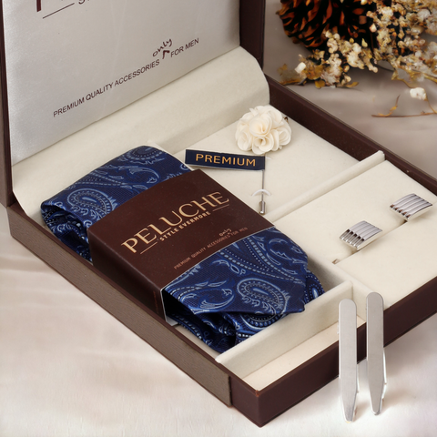 Beguiling Gift Box Includes 1 Neck Tie, 1 Brooch, 1 Pair of Cufflinks and 1 Pair of Collar Stays for Men | Genuine Branded Product from Peluche.in