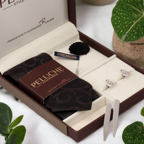 Diva Gift Box Includes 1 Neck Tie, 1 Brooch, 1 Pair of Cufflinks and 1 Pair of Collar Stays for Men | Genuine Branded Product from Peluche.in
