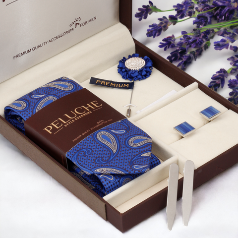 Charming Gift Box Includes 1 Neck Tie, 1 Brooch, 1 Pair of Cufflinks and 1 Pair of Collar Stays for Men | Genuine Branded Product from Peluche.in