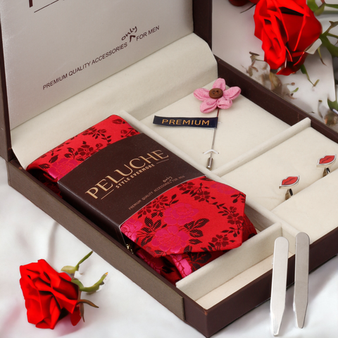 Rosy Lips Gift Box Includes 1 Neck Tie, 1 Brooch, 1 Pair of Cufflinks and 1 Pair of Collar Stays for Men | Genuine Branded Product from Peluche.in