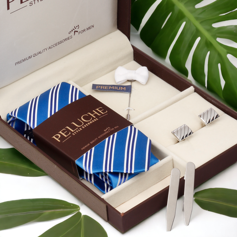 Stunning Gift Box Includes 1 Neck Tie, 1 Brooch, 1 Pair of Cufflinks and 1 Pair of Collar Stays for Men | Genuine Branded Product from Peluche.in