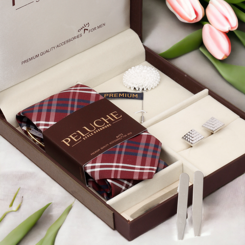 Ensnaring Gift Box Includes 1 Neck Tie, 1 Brooch, 1 Pair of Cufflinks and 1 Pair of Collar Stays for Men | Genuine Branded Product from Peluche.in