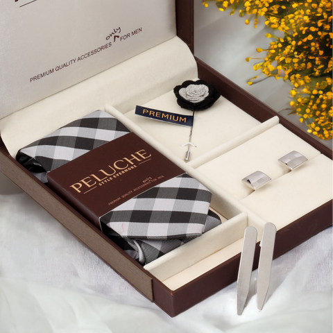 Impressive Gift Box Includes 1 Neck Tie, 1 Brooch, 1 Pair of Cufflinks and 1 Pair of Collar Stays for Men | Genuine Branded Product from Peluche.in