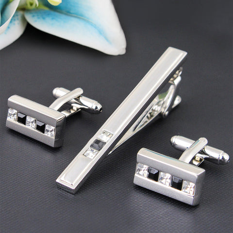 Peluche The Bling Bar - Silver Cufflinks and Tie Pin Set Brass, Crystal, White American Crystal, Black American Crystal